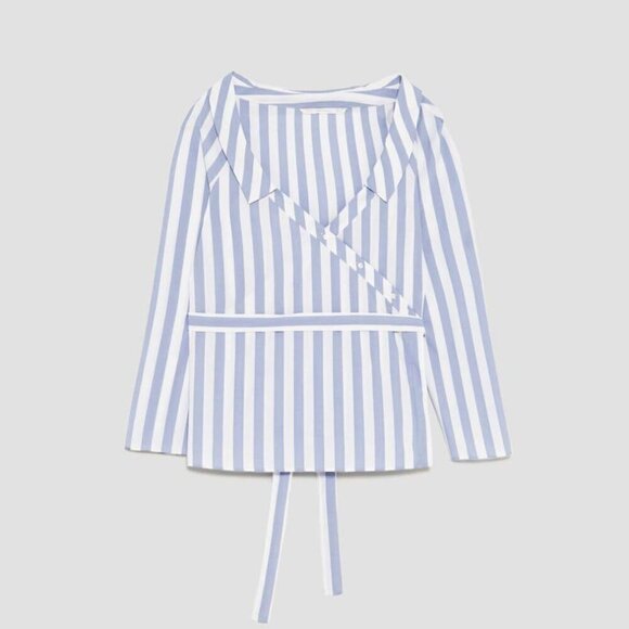 Zara Striped Wrap Blouse with Belt in Blue and White Size XS NEW WITHOUT TAG! - Picture 4 of 7